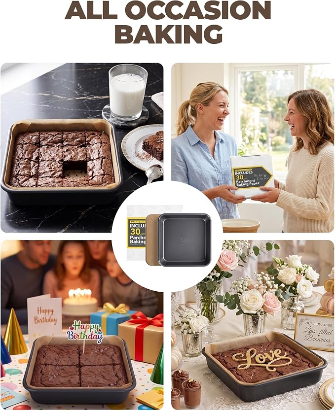 Bake Choice 8 x 8 Inch Square Brownie Cake Pan With 30 Pre-Cut Parchment Liners, Carbon Steel Non-Stick Baking Pan for Baking Toast Cakes Banana Breads, Homemade Dessert Bakeware