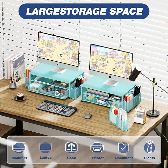 OPNICE Desk Organizer and Accessories, 2-Tier Computer Monitor Stand Riser with Drawer and 2 Pen Holders, Laptop Stand, Office Desk Accessories for Office Supplies, 1 Pack, Teal Blue