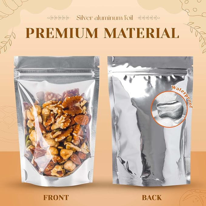 200 Pack Silver Mylar Bags with Window, 4x6 in Pouches | 7.5 Mil Thick, Food Storage, Resealable Closure, Small Business Packaging, Upright Base, Viewing Panel