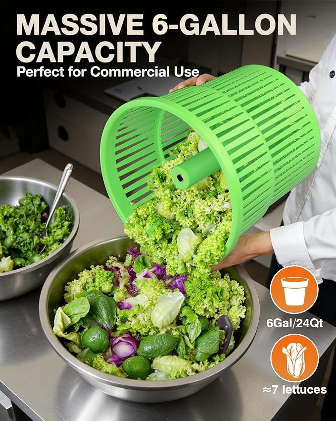 WantJoin Commercial Salad Spinner - [6 Gallon Salad Dryer] w/Silicone [Anti-slip Mat] & [Draining Hose], 24Qt Manual Salad Spinner for up to 7 Heads of Lettuce Spinner Large for Catering, Green