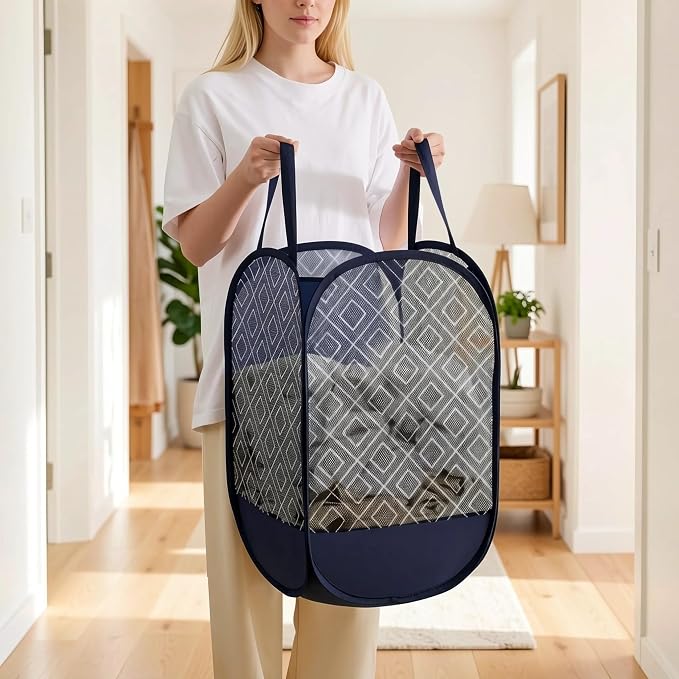 100L Extra Large Mesh Pop Up Laundry Hamper 2 Pack with Pocket and bag, Blue
