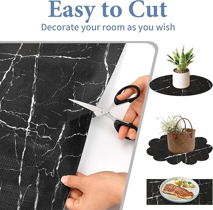 Drawer and Shelf Liner for Kitchen Cabinet: 17 in X 20 Ft Non Slip | Waterproof Shelf Paper Non Adhesive Refrigerator Liners Black Marble Easy Liners for Bathroom with Knife Tape Measure