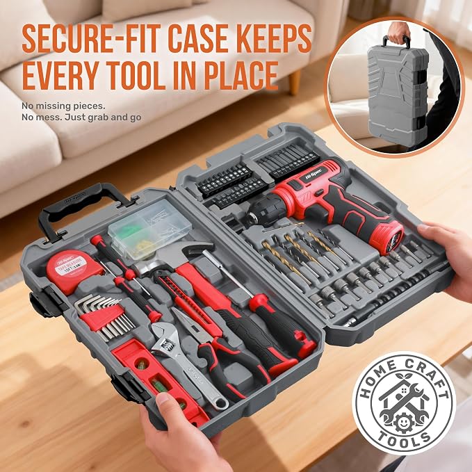 Hi-Spec Tool Set with 8V Cordless Drill Set Home Repair & Maintenance | Complete DIY Tool Kit, USB Rechargeable Electric Drill Driver, Women and Men Tool Kit, Home Repair & Maintenance, Compact