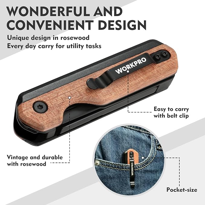 WORKPRO 2-in-1 Folding Knife/Utility Knife, Wood Handle | Quick-Change Box Cutter, Liner Lock, Belt Clip, 10 SK5 Blades, Carton Cutting, Camping, Hiking, DIY Projects