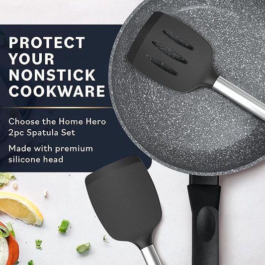 Home Hero Silicone Spatula Set - Heat Resistant Spatulas for Cooking - Ergonomic Stainless Steel Cooking Utensils - Solid & Slotted Silicone Turners - Pack of 2, Black