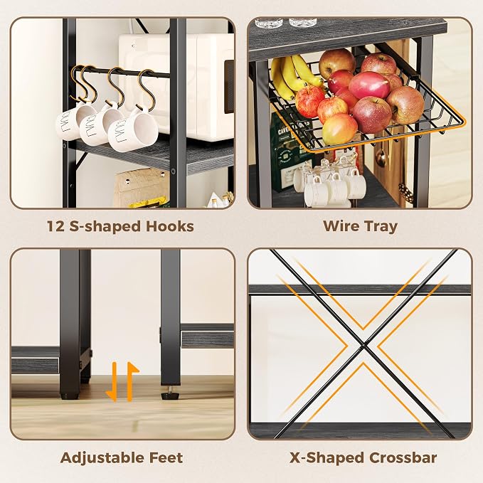 SUPERJARE Large Bakers Rack with Power Outlets, 6-Tier Microwave Stand, Coffee Bar with 12 S-Shaped Hooks, Kitchen Shelf with Wire Basket, 39.4 x 14.6 x 66.9 Inches, Charcoal Gray