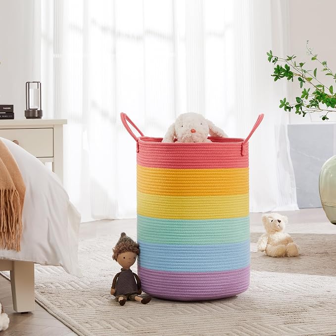 60L Large Rainbow Hamper Tall Woven Rope Laundry Basket for Kids | Nursery Baby Girls Toddler Clothes Blanket Toy Storage Unicorn Hamper in Playroom Bedroom 15"Dx20"H