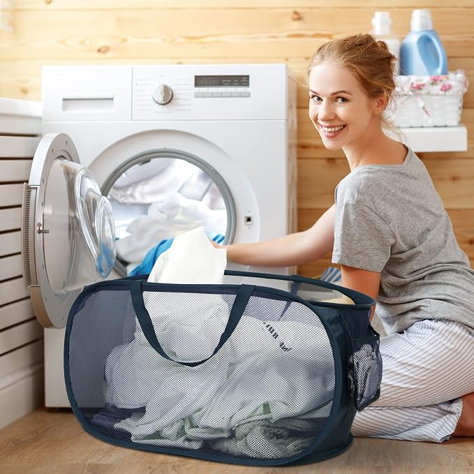4 Pack Collapsible Laundry Baskets, Foldable Laundry Basket with Pocket, Durable Pop Up Hampers, Reinforced Handles Dirty Clothes Hamper for Laundry, Bedroom, Bathroom, Dorm, Travel or Camping Navy