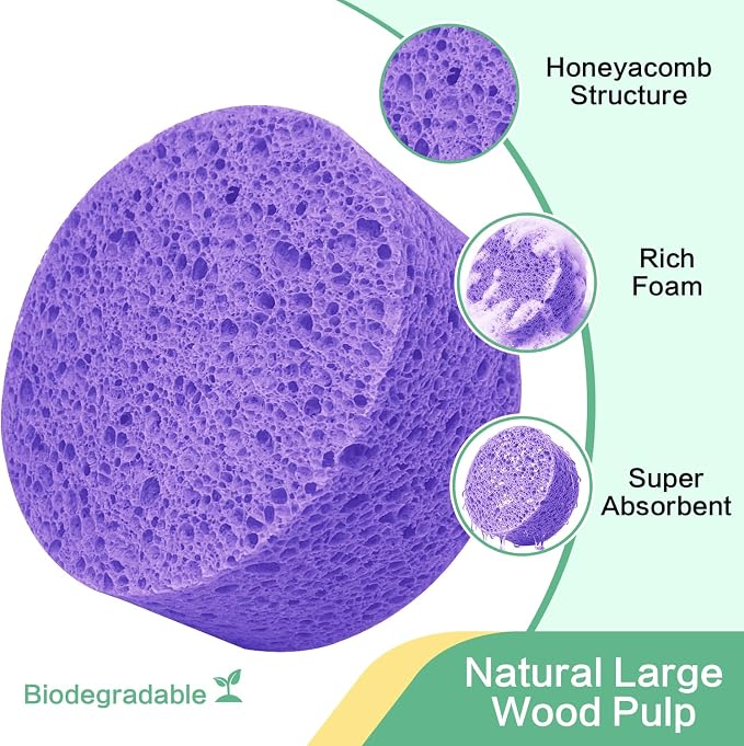 3-Pack Large Sponge, Kitchen Sponges, Handy Sponges, Cellulose Sponges, Dish Washing Sponge, Natural Sponge, Car Washing Sponge, Eco Friendly Sponge (Round, 4" X 4" X 2"), Purple
