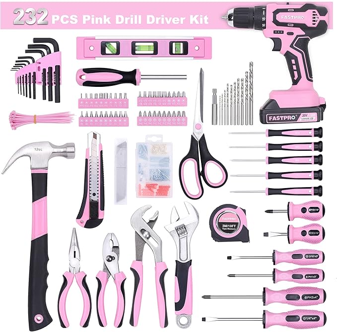 FASTPRO 232-Piece Pink Tool Set with Drill, 20V Cordless Drill Driver and Home Tool Set, Pink Drill Set for Women, Lady's Repairing Kit with 12-Inch Storage Bag, Pink