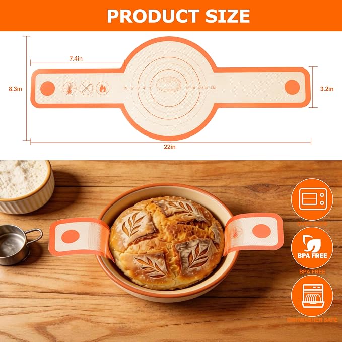 Silicone Bread Sling Mat for Dutch Oven, 2 PCS Non-Stick & Reusable Bread Baking Supplies with Long Handles, Easily Transfer Sourdough & Baking, Dishwasher Safe (Round, Yellow)