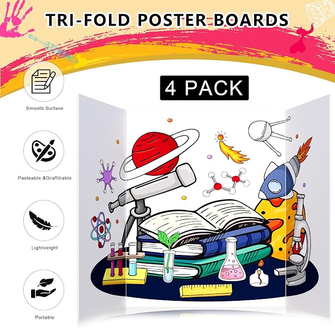 HAUTOCO 4 Pcs Medium Trifold Poster Board 26'' x 15.74'' Project Boards | Corrugated Tri Fold Presentation Boards for Science Fair, School Projects, Event Displays & Business Presentations, White