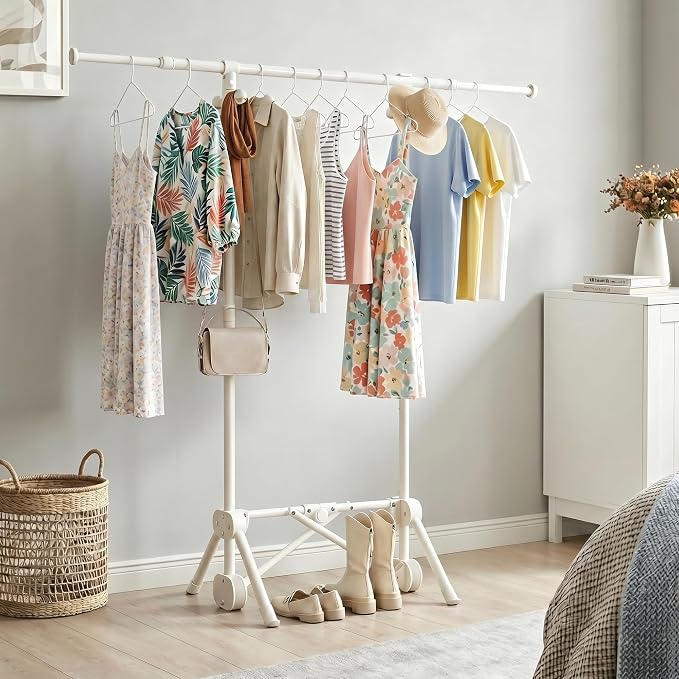 Small Clothes Rack, Foldable Clothes Rail with 3 Adjustable Heights | Extendable Rod, 4 Side Hooks, Portable, Sturdy Carbon Steel, Space Saving, Ready to Use, for Bedroom, Laundry, Cream White