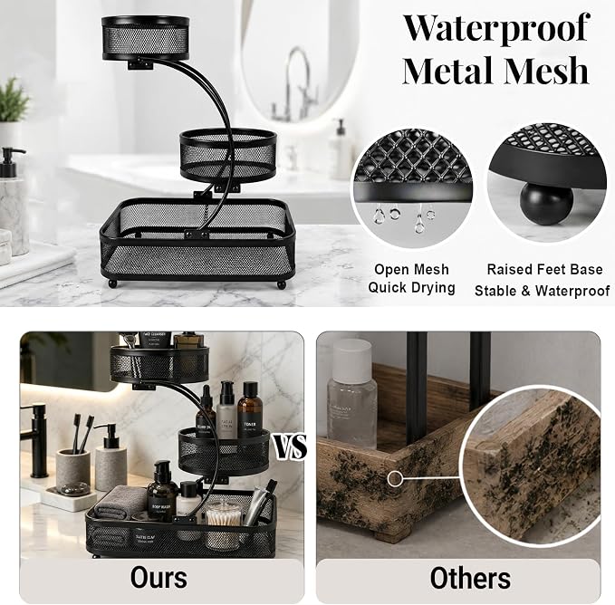 3 Tier Bathroom Counter Organizer-Cologne Organizer | Water-Resistant Open Metal Vanity Organizer, Ultra-Stable Dresser Top Shelf with Strong Load Capacity, Black