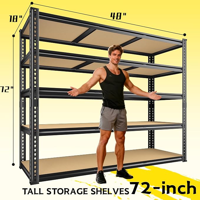 48" W Garage Shelving Heavy Duty 2800LBS Garage Storage Shelves, 5 Tier Adjustable Metal Shelving Unit Utility Rack Shelf for Warehouse, Pantry, Closet, Kitchen Industrial72" H x 48" W x 18" D, Black