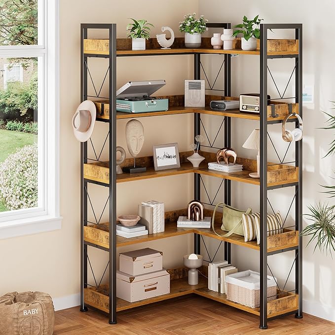 DUMOS 65 inch L Shaped Bookshelf, 5 Tier Corner Bookcase with Hooks and Edge, Industrial Pantry Shelves with Metal Frame, Wooden Open Storage for Living Room, Home Office, Bedroom, Rustic Brown | Industrial Pantry Shelves with Metal Frame, Wooden Open ...