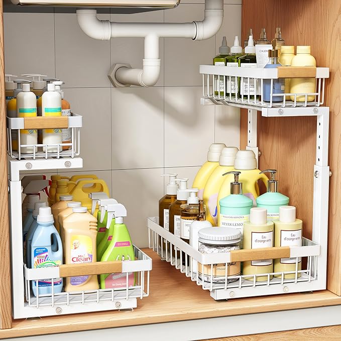 PXRACK Under Sink Organizer, Adjustable Height, 2 Tier Pull Out Under Cabinet Organizer, Slide Out Thickened Metal Under Sink Storage for Kitchen Bathroom Laundry Pantry Cabinet, White, Small-2-Pack