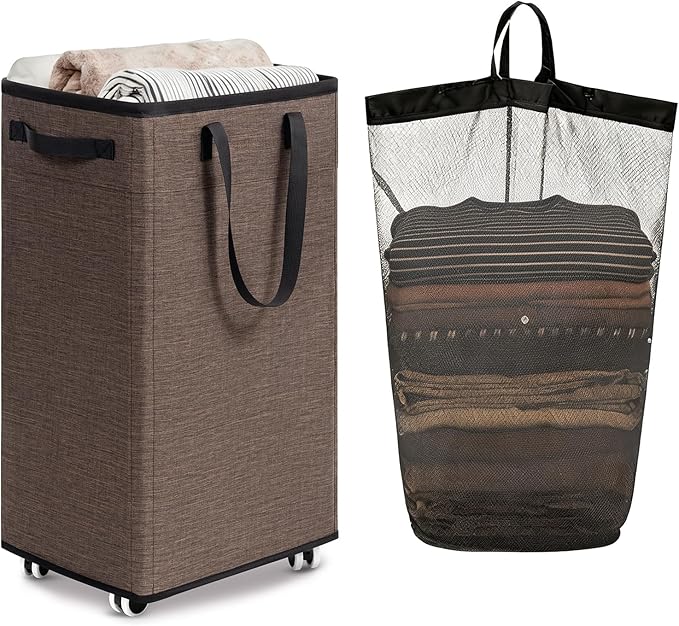 Goodpick 75L Collapsible Laundry Baskets with Removable Wash Bag and Wheels | Laundry Basket with Wheels, Rolling Laundry Hamper with Handle for College Dorm, Laundry Hamper on Wheels, Light Brown