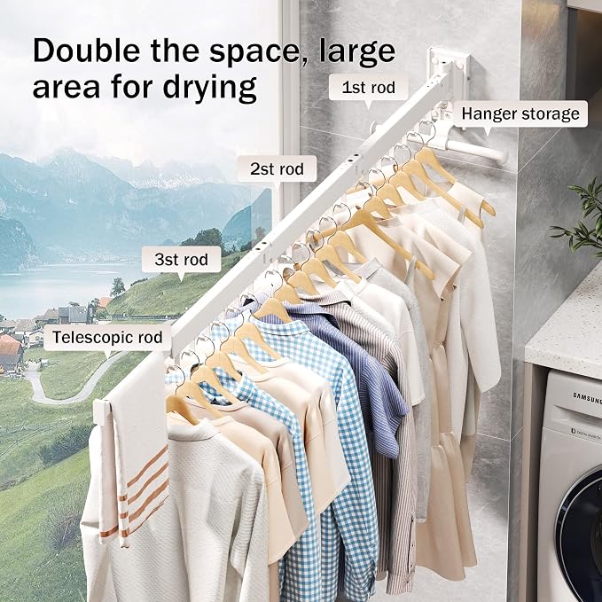 LIENAHU Drying Rack, Wall Mounted Clothes Rack, Aluminum, 220lbs Capacity, Foldable, White