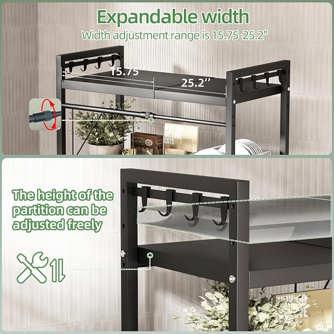 NETEL 3 Tier Expandable Microwave Stand countertop,Microwave Oven Rack | microwave shelf with Cutting Board Holder and Knife Holder, storage shelf for pans &appliances,55 Lbs load Per Tier,Black