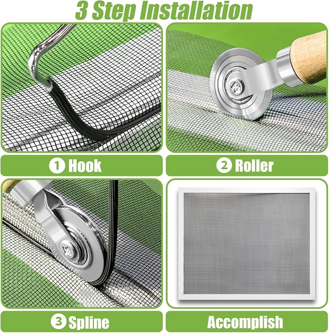 King&Charles Screen Repair Kit,Roller+0.14”x32ft Spline+Hook | 3in1-Bearing Steel Screen Roller Tool+Hook for Old Spline Removal+Hollow-Core Spline for Window Screens,Doors,Patio,RV Mesh