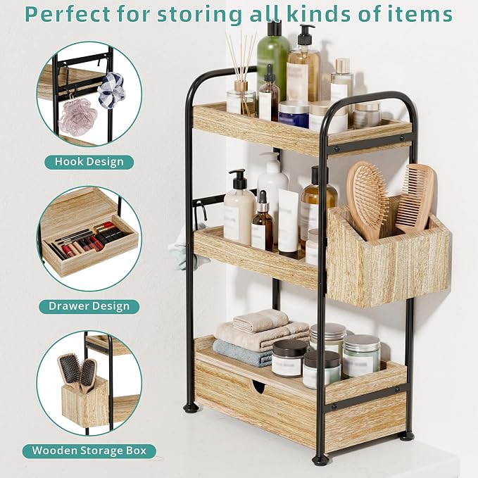 Kottwca 3-Tier Bathroom Counter Organizer with Drawer, Wooden Vanity Skincare Storage Shelf with Thickened Metal Frame, Countertop Shelf with Basket & Hooks for Makeup Organization, Light Brown