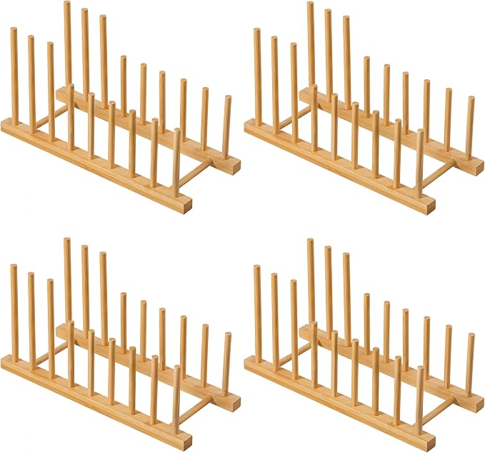 HBlife 4pcs Heighten and Widen Bamboo Dish Drying Rack Plate Bowl Cup Book Pot Lid Cutting Board Stand Drainer Storage Holder Organizer for Kitchen Cabinet
