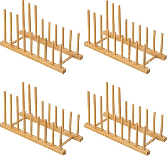 HBlife 4pcs Heighten and Widen Bamboo Dish Drying Rack Plate Bowl Cup Book Pot Lid Cutting Board Stand Drainer Storage Holder Organizer for Kitchen Cabinet