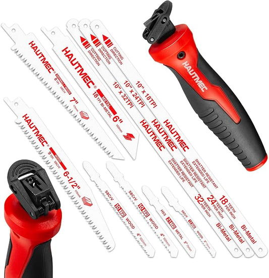 HAUTMEC 10-In-1 Multipurpose Hand Saw for Wood, Metal, Plastic & Drywall, Compact Hacksaw with Tool-Free Blade Change, Self-Locking Handle, Blade Storage Box & 10 Professional Saw Blades – HTHSH25032
