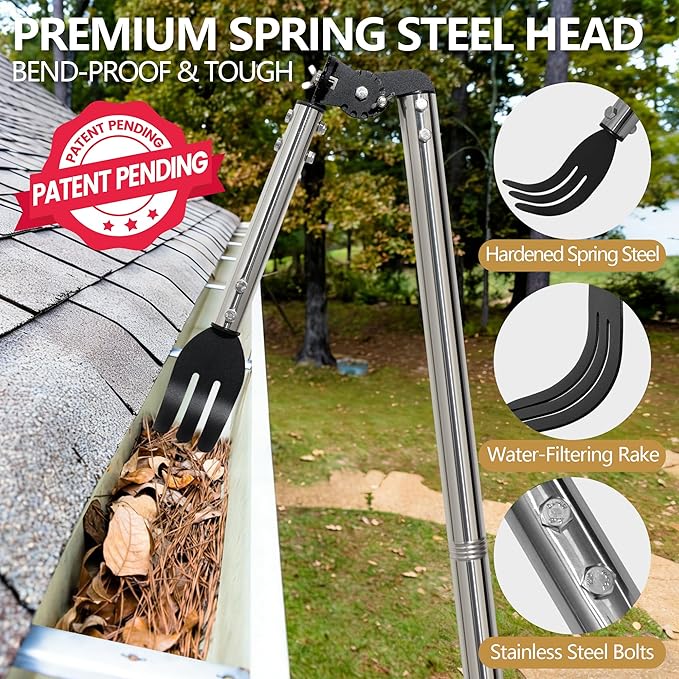 Gutter Cleaning Tools from the Ground, 8.5 FT Dual-Axis Spring Steel Gutter Cleaner, Adjustable Length Gutter Cleaning Pole with Gutter Rake for Leaves, Muck and Roof Debris | Dual-Axis Angle Adjustment