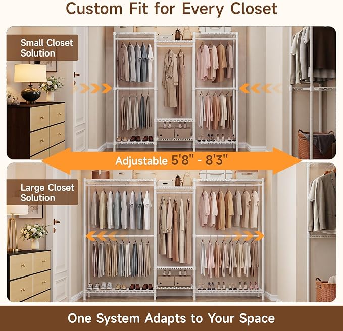 S3 Expandable Heavy Duty Clothes Rack, Freestanding Closet Organizer System | 5'8" to 8'3" Max Load 1200LBS Metal Garment Rack Portable Closet System with 4 Extendable Shelves & 4 Telescopic Rods White
