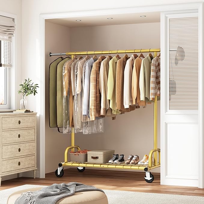Raybee Heavy Duty Clothes Rack, Gold Clothing Racks for Hanging Heavy Clothes 200+, Rolling Clothing Rack Load 530 LBS, Extendable & Adjustable Portable Commercial Garment Rack with Wheels, Gold