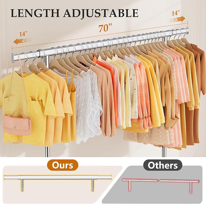 Gewudraw Clothes Rack Heavy Duty With 4" Wheels,Portable,Collapsible,Chrome | 630 LBS Capacity Rolling Clothing Rack, Shelf, Hooks, Adjustable Height, Extendable Rod, Garment Rack For Wardrobe, Bedroom