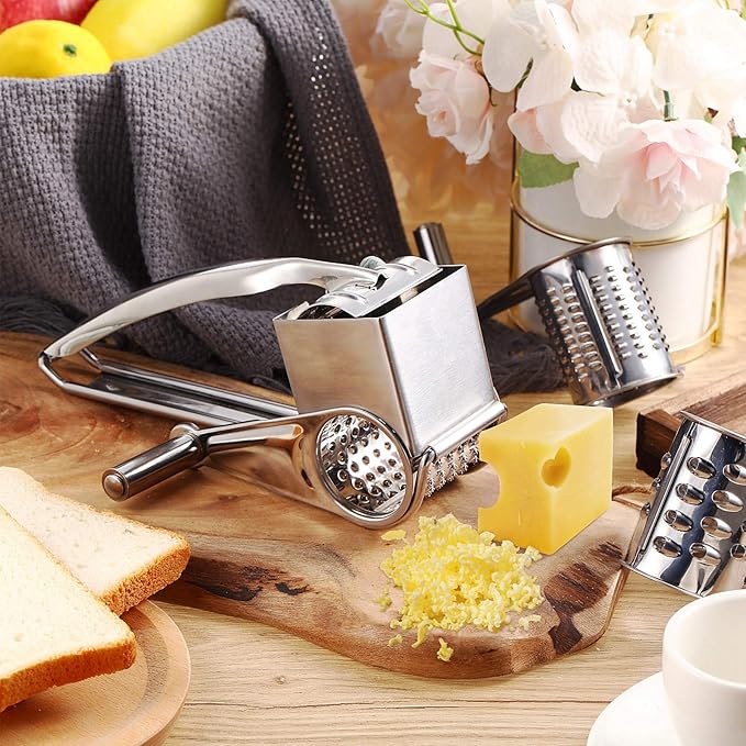 Honoson Rotary Cheese Grater Stainless Steel Handheld Rotary Parmesan Grater Cheese Cutter Slicer with 4 Stainless Drum for Grating Hard Chocolate Nuts Kitchen Tool
