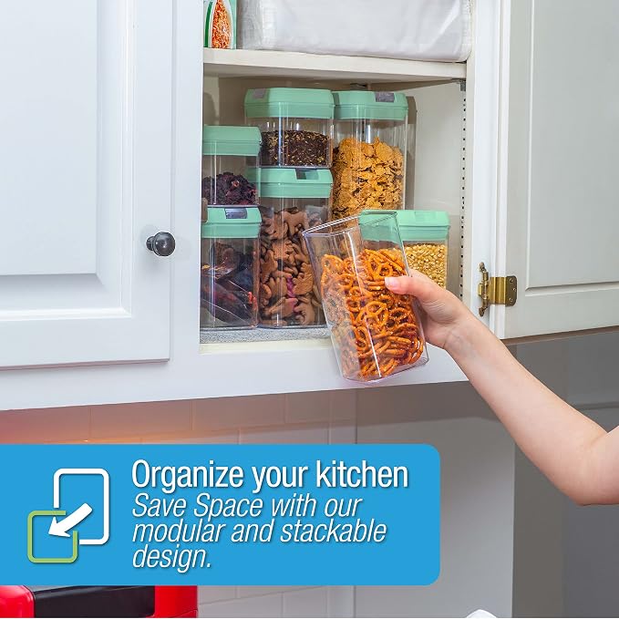 Set of 7 Airtight Food Storage Containers - Pantry Organizer Bins, BPA Free Plastic Containers plus Dry Erase Marker and Labels, Mint Green