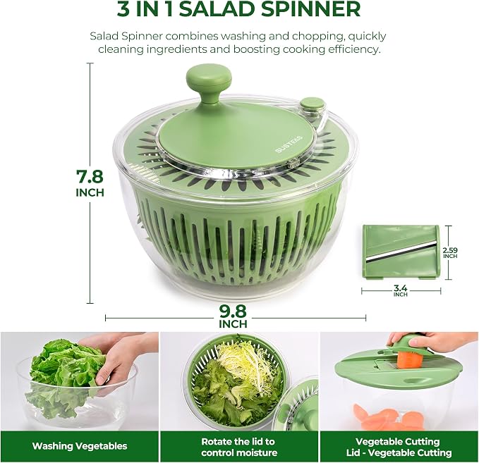 SUSTEAS Salad Spinner with Slicer and Stainless Steel Salad Spinner with Slicer, 4.2QT