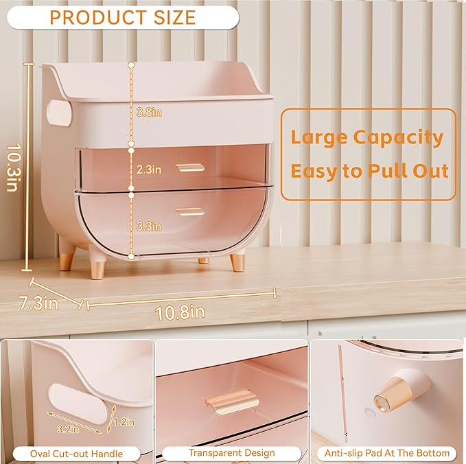 Yieach Countertop Makeup Organizers with Drawers and Handle,Large Cosmetic Organizer for Bathroom Vanity and Dressing,Pink Cosmetic Display Cases for Hair Tool,Beauty Products,Skin Care Organizer