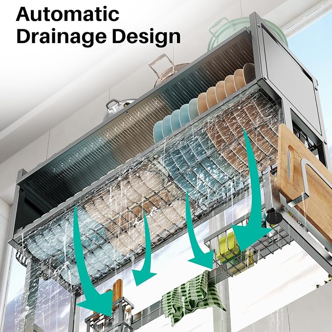 Over the Sink Dish Drying Rack 3 Tier with Dustproof Flip-Up Cover | Large Dish Drainer Storage Counter Organizer,Space-Saving Dish Rack for Dishes and Cutlery,Fits Sinks up to 32 Inches(Gray)