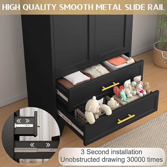 GAIOUS Metal Wardrobe Cabinet with 2 Drawers, 71" Clothing Storage Cabinets | with 2 Doors, 1 Adjustable Shelf, Steel Armoire Wardrobe Closet with Hanging Rod for Bedroom, Gym, Cloak Room (Black)