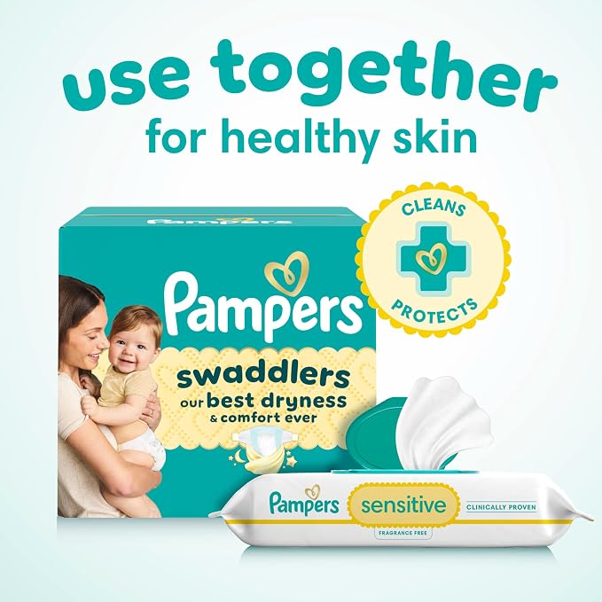 Pampers Sensitive Baby Wipes, Clinically Proven, Fragrance Free, Unscented, Water Based, Hypoallergenic, Multi-Use, Hand Wipes 1344 Wipes Total (24X Flip-Top Packs) [Packaging May Vary]