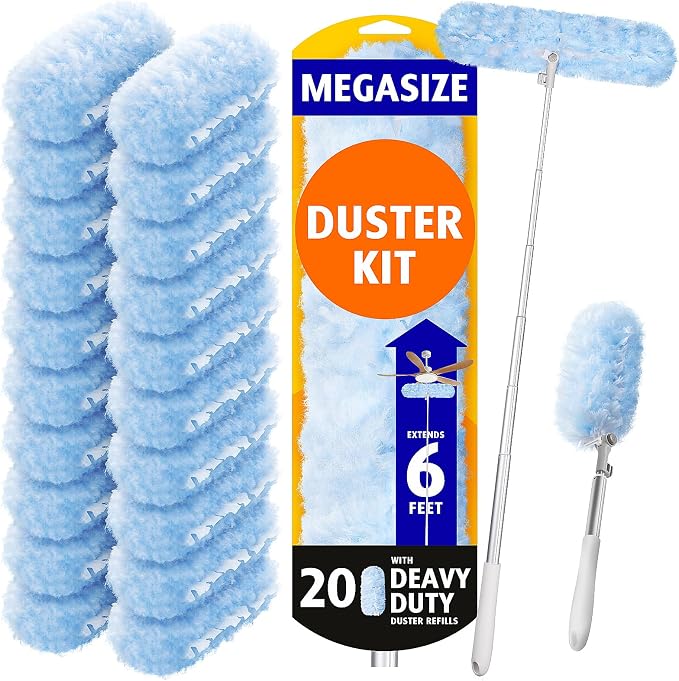 AIR U+ 6ft Extendable Duster with 20 Refills for Swiffer Dusters | 360 double-head microfiber, heavy duty disposable duster, ceiling fan high reach, traps dust pet hair no ladder needed