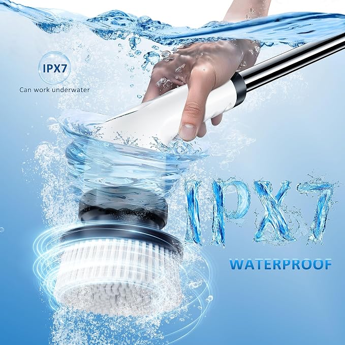 Electric Spin Scrubber Upgraded Battery with Extra-Long Runtime, IPX7 Waterproof Power Cleaner with 7 Brush Heads, 2 Speeds Adjustable Long Handle for Bathroom, Floor, Shower, Tile & Kitchen Cleaning
