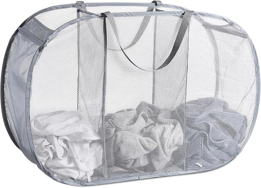 Seiritex Mesh Popup Laundry Hamper 3 Compartment Sortable Horizontal Collapsible Laundry Basket for Clothes Laundry Room Bedroom Toys Travel (Gray)