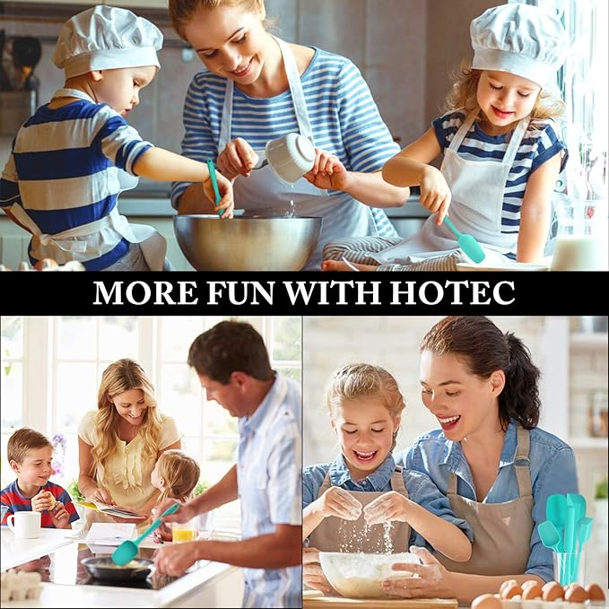 HOTEC 600℉ Heat Resistant BPA-Free Silicone Rubber Spatula Set,Kitchen Cooking Spatulas, Baking, Mixing for Non Stick Cookware, Dishwasher Safe, Set of 5 Aqua Sky