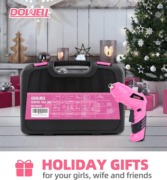 DOWELL Pink Tool Set with 3.6V Cordless Screwdriver Tool Kit, 143 Pcs | for Women, Homeowner Plastic Tool box Storage Case
