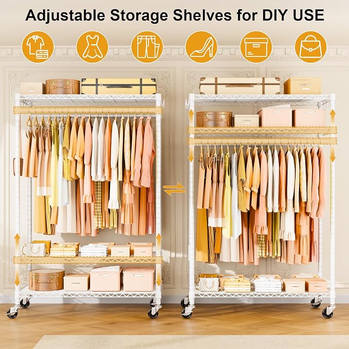 ULIFHOME P7 Rolling Clothes Rack, Clothing Racks for Hanging Clothes, Heavy Duty Garment Rack with Wheels, 3 Tiers Freestanding Portable Closet Rack 45''W × 20.5''D × 80.5''H, Max Load 480 lbs, White
