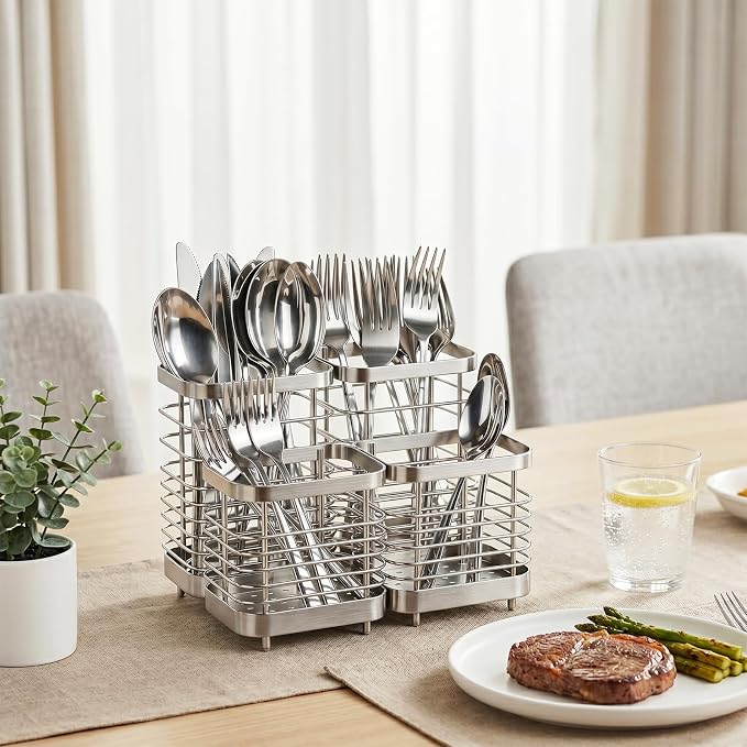 Utensil Holder, Stainless Steel Utensil Drying Rack for Kitchen Counter, Silverware Cutlery Flatware Holder Forks, Knives, Spoons, Chopsticks Organizer (2 Large + 2 Small)