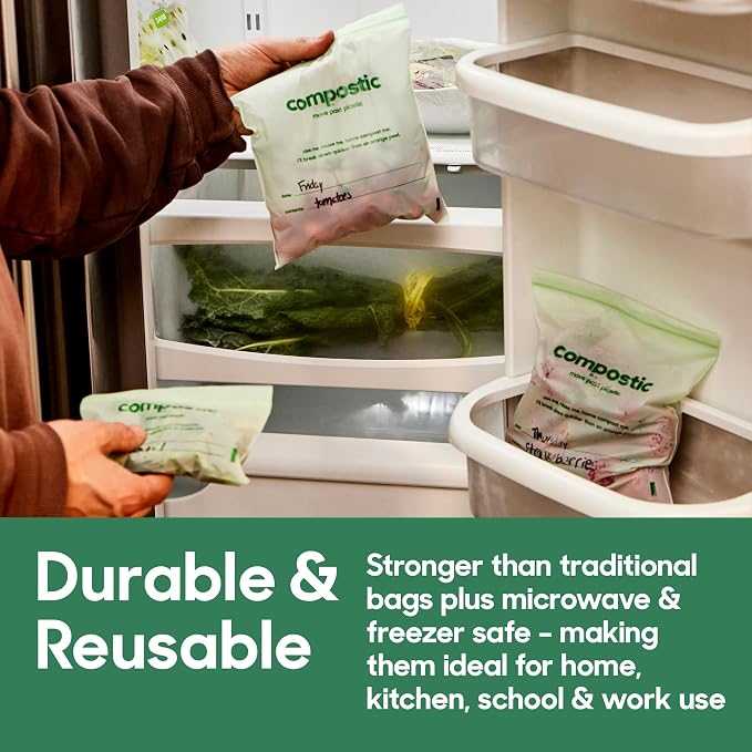 Compostic Compostable Snack Bags, Snack Size (60 Count) Starter Pack — Resealable Zip-Seal, Plant-Based, Home Compostable, Freezer Safe, BPA-Free, Non-Toxic, GMO-Free Food Storage Bags