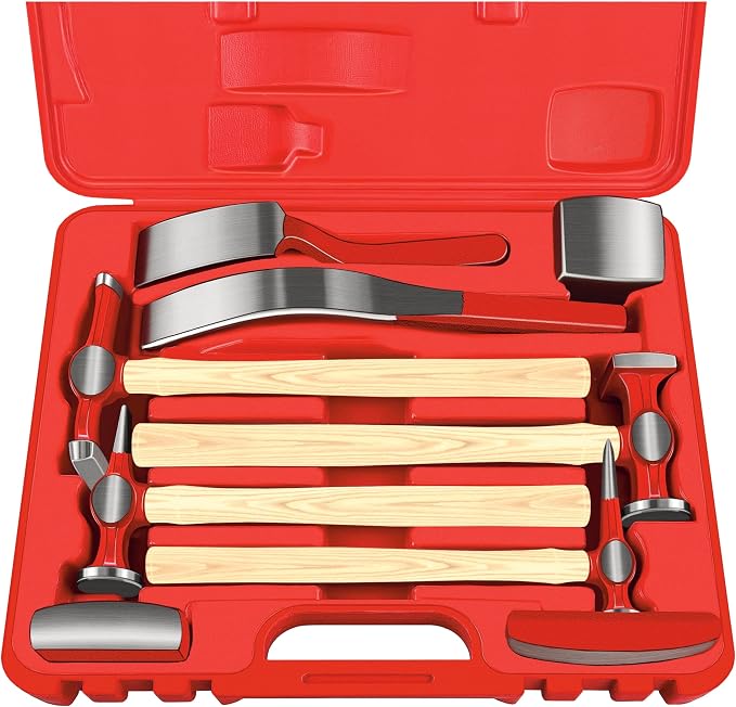 C&T 9 Piece Heavy Auto Body Repair Tool Hammer Dolly Set, Car Body Repair Tool Kit with Carrying Case, Hickory Handles,Fender Repair kit
