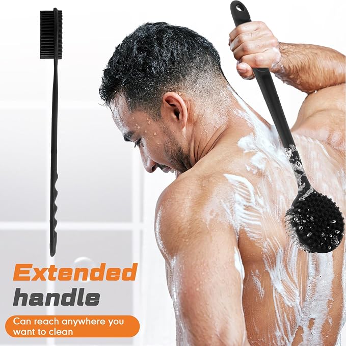 Sunnyray 2 Pack Silicone Back Scrubber for Shower with 15" Long Handle Double-Sided Bath Body Brush for Exfoliating Easy to Clean Quick Dry Deep Cleaning Lathers Well(Black)